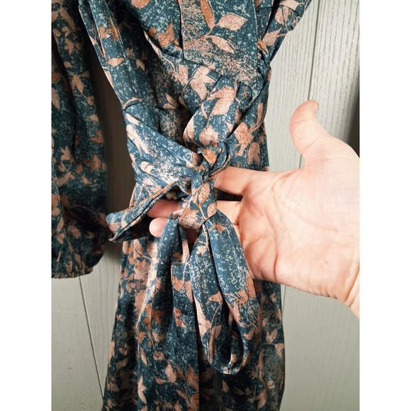 NWT Green & Copper Wrap Midi Maxi Dress ‎ Medium Puff Sleeve Boho Hi Low Floral - Picture 7 of 13